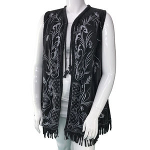 Pong Womens Sz M Embroidered Vest Jacket Open Front Tassels Fringe Festival Boho